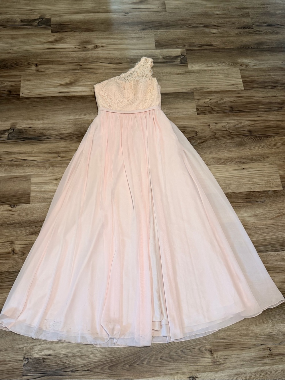 Azazie One-Shoulder Pale Pink Lace & Tulle Gown